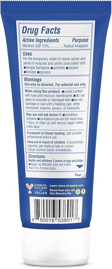 ASUTRA Muscle Pain Relief Cream 3.4 oz | Cooling Menthol with Moisturizing Magnesium and Arnica Montana Oil