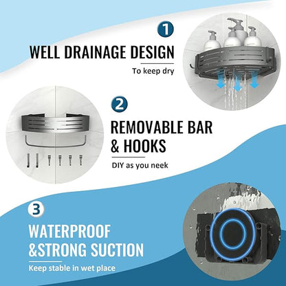 Onemake Corner Shower Caddy with Suction Cups, 2-Pack Removable Aluminum Wall Mounted Organizer Shelves Storage Rack with Towel Bar Portable Hook for Bathroom, Grey