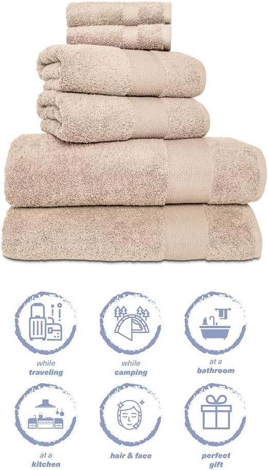 Hencely 6-Piece Bath Towel Set - High Absorbency, Quick Drying - 100% Soft Turkish Cotton - 2 Bath Towels, 2 Hand Towels, 2 Washcloths - for Bathroom, Home, Hotel, Spa, and Gym - 6-Pack Beige