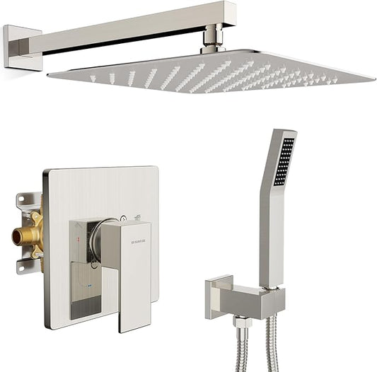 SR SUN RISE Shower Faucet Set & System - 12 Inch Rainfall Shower Head & Handle Set Wall Mounted Brushed Nickel Solid Brass Valve Trim Kit Included
