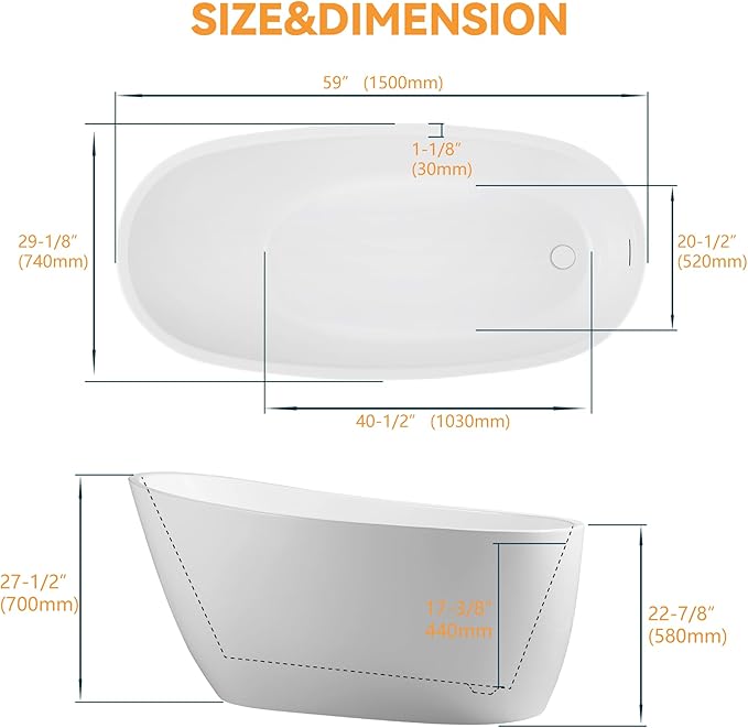 59" High-back Acrylic Freestanding Bathtub, Stand Alone Slipper Soaking Tub, Integrated Overflow and Drain, cUPC Certified