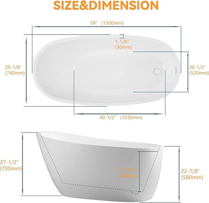 59" High-back Acrylic Freestanding Bathtub, Stand Alone Slipper Soaking Tub, Integrated Overflow and Drain, cUPC Certified