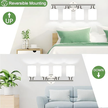 4-Light Bathroom Light Fixtures, Brushed Nickel Modern Vanity Lights with Milky White Frosted Glass Shades, Bathroom Wall Lamp for Mirror Kitchen Living Room