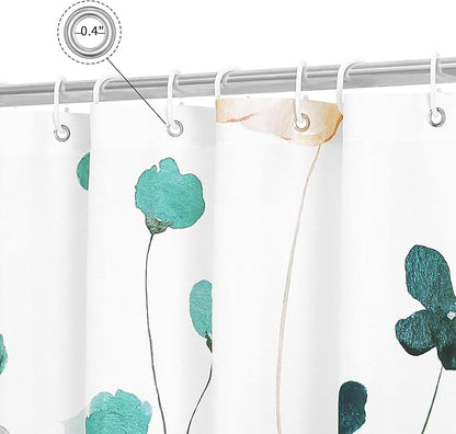 Gibelle Extra Long Shower Curtain 72 x 84, Watercolor Floral Fabric Shower Curtain, Teal Beige Flower Decorative Bathroom Shower Curtain Set