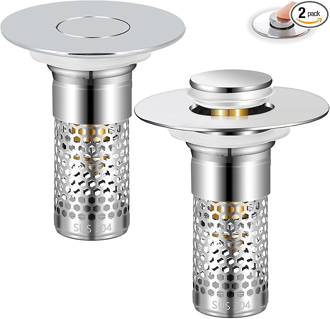 2Pack Bathroom Sink Stopper 1.06"-1.50", Universal Bathroom Sink Drain Pop Up Stopper for US Bathroom Sink Stainless Steel Floor Drain Filter, U.S. Standard Universal Drain Filter (Silver)