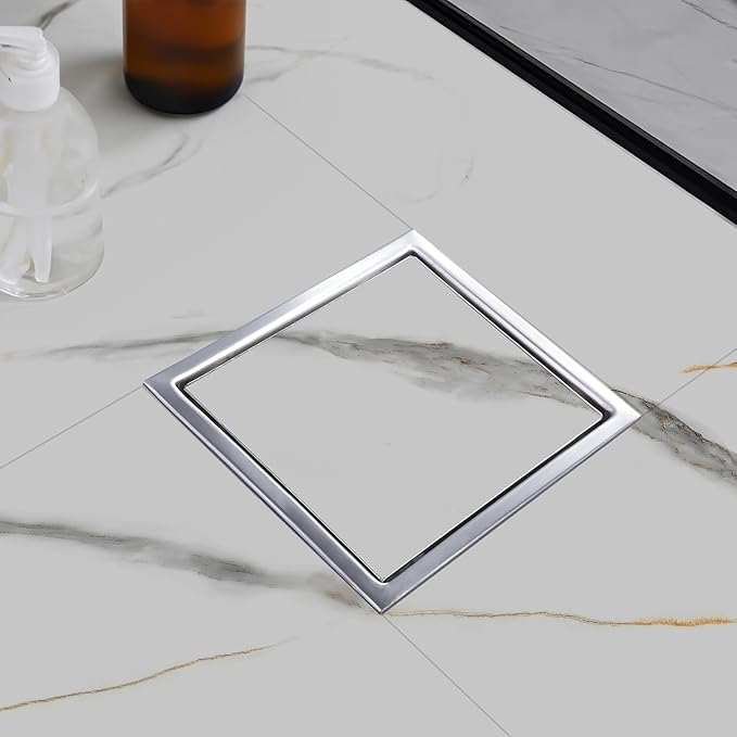 morefine Square Shower Floor Drain with Flange, Shower Drain 6 inch with 2 in 1 Tile-Insert Cover, SUS 304 Stainless Steel, Brushed Nickel