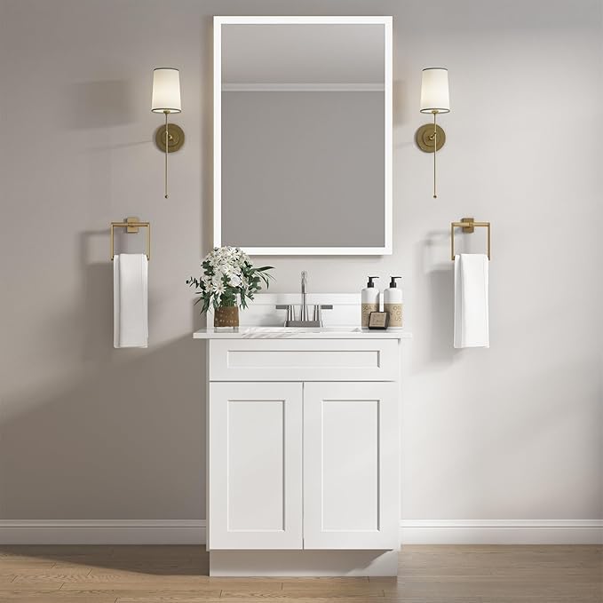 ROOMTEC Bathroom Cabinet, 24'' Free Standing Single Bathroom Vanity with 1 False Drawer and 2 Doors,Morden Bathroom Sink Vanity Storage Cabinet, Shaker White