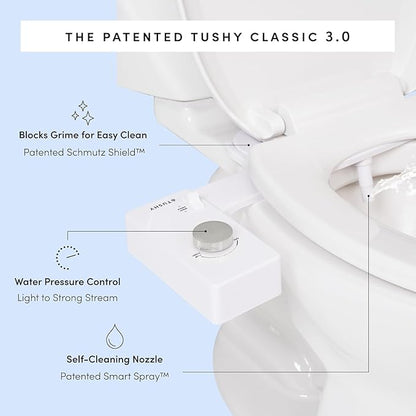 TUSHY Classic 3.0 Bidet Toilet Seat Attachment - A Non-Electric Self Cleaning Water Sprayer with Adjustable Water Pressure Nozzle, Angle Control & Easy Home Installation (Bamboo Knob)
