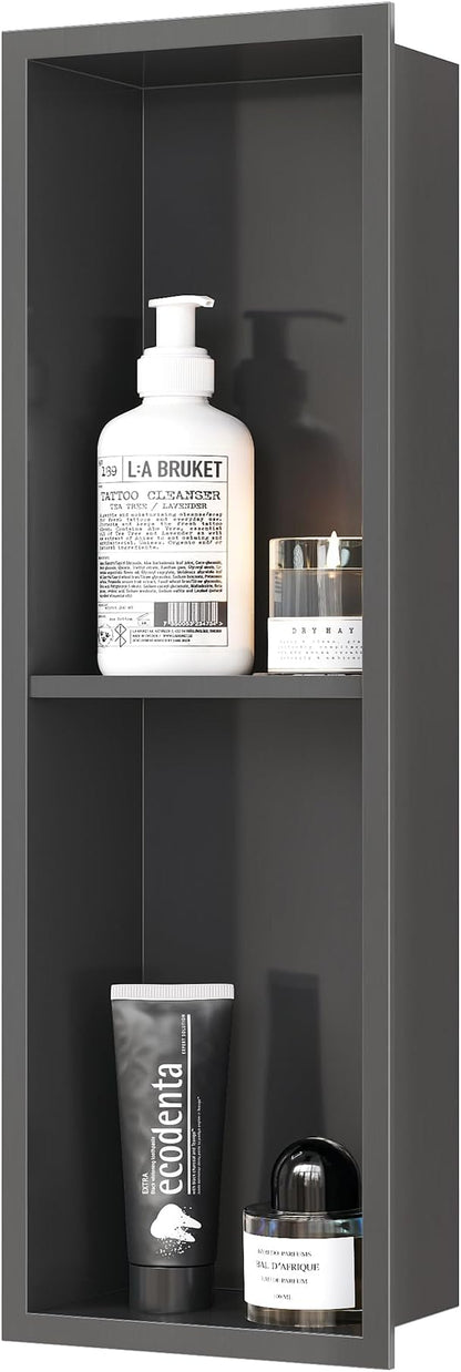 Stainless Steel Shower Niche 24" X 8", No Tile Needed Wall Niche Double Shelves, Recessed Shower Shelf for Bathroom Storage, Gun Metal