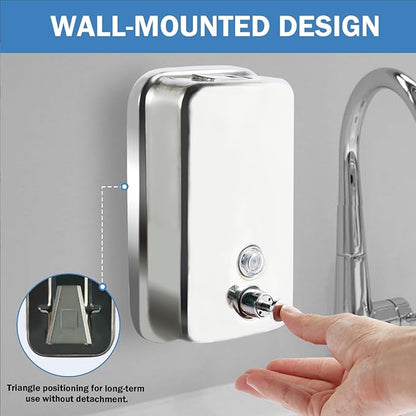 2 Pack 1000ml Hand Soap Dispenser, Commercial Soap Dispenser Wall Mounted, Stainless Steel Refillable Soap Liquid Dispenser for Bathrooms, Toilets, Hotels, Restaurants (Silver)