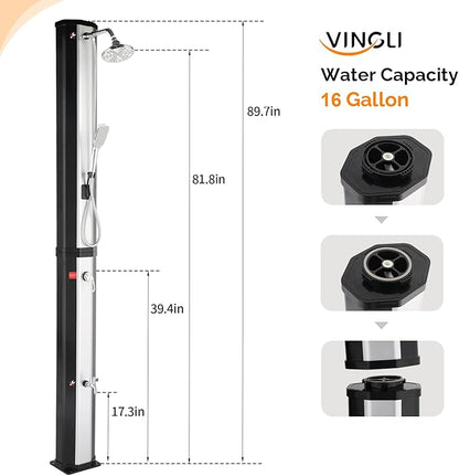 VINGLI Solar Heated Shower,2-Section with Shower Head and Foot Shower Tap，for Outdoor Backyard Poolside Beach Pool Spa,Black (16 Gallon- Sliver&Black Surface)