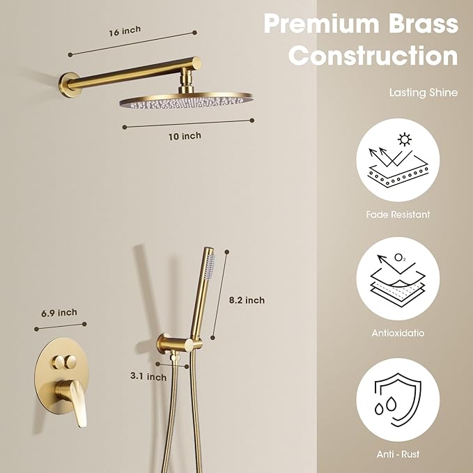 TRUSTMI Push Button Shower System, Brushed Brass Gold 10 Inch Rainfall Shower Set, Pressure Balanced Rough-In Valve and Trim Kit, Wall Mount