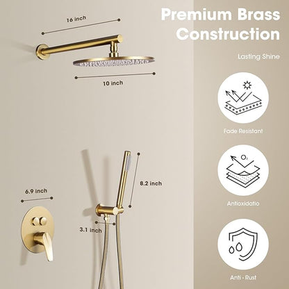 TRUSTMI Push Button Shower System, Brushed Brass Gold 10 Inch Rainfall Shower Set, Pressure Balanced Rough-In Valve and Trim Kit, Wall Mount