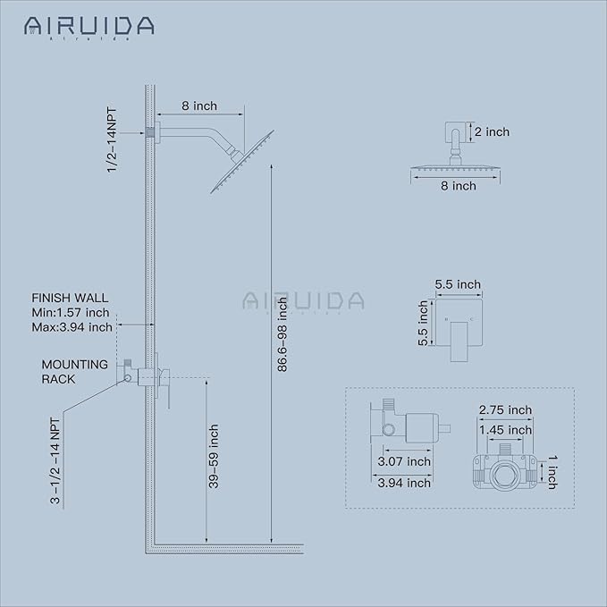Airuida Shower Faucet Set Bathroom Rain Shower System SUS304 Stainless Steel Single Handle With Male Threads Rough-in Valve Shower Trim Kit 8 Inch Wall Mount Shower Head Matte Black