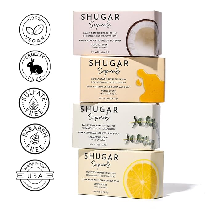 Shugar Soapworks Oatmeal & Coconut 5 oz Beauty Bar Soap 8-Pack | Plant-Based Vegan Formula | Sulfate & Paraben Free | Moisturizing Gentle Cleanser with Finely Ground Oatmeal Flakes