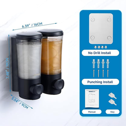 Shampoo and Conditioner Dispenser No Drill Shower Soap Dispenser Wall Mounted Shower Dispenser 2 Chamber with Upgrade Smooth Pump Head Bathroom Body Wash Soap Dispenser Set 450ml*2 Black