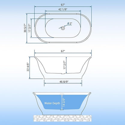 67" Free Standing Tub, Acrylic Soaking Bathtub, Stand Alone Freestanding Tub with Matte Sliver Drain and Overflow, Contemporary Bathtub for Bathroom, Grey
