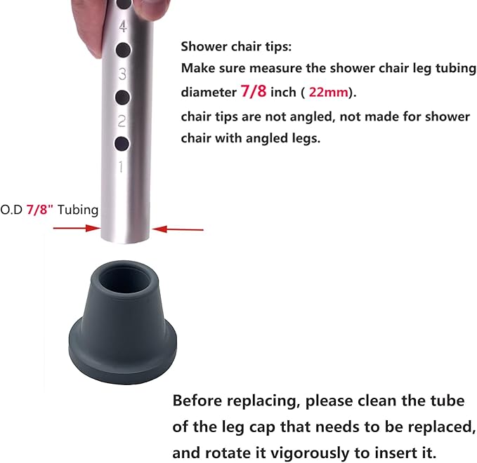 Replacement 7/8" Rubber Feet for Shower Chair, Rubber Feet for Chairs, Chair Leg Caps, feet for Shower/Transfer Chair, Stainless Steel Insert Reinforced, Fits 7/8" Tubing