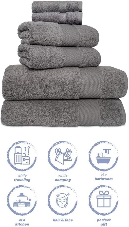 Hencely 6-Piece Bath Towel Set - High Absorbency, Quick Drying - 100% Soft Turkish Cotton - 2 Bath Towels, 2 Hand Towels, 2 Washcloths - for Bathroom, Home, Hotel, Spa, and Gym - 6-Pack Gray