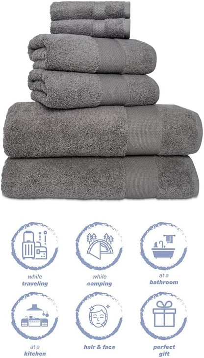 Hencely 6-Piece Bath Towel Set - High Absorbency, Quick Drying - 100% Soft Turkish Cotton - 2 Bath Towels, 2 Hand Towels, 2 Washcloths - for Bathroom, Home, Hotel, Spa, and Gym - 6-Pack Gray