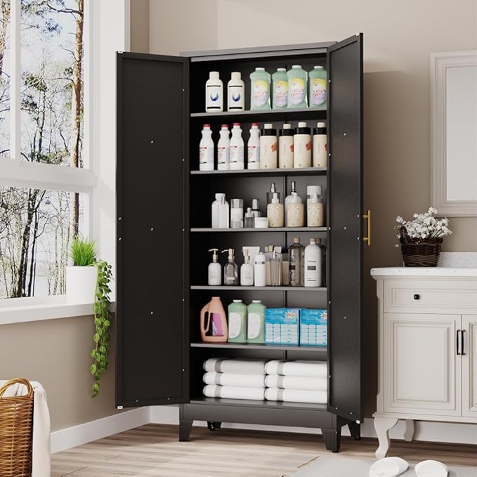 75" Tall Metal Kitchen Pantry Storage Cabinet, Freestanding Cupboard with 2 Doors and 5 Adjustable Shelves, Standing Storage for Kitchen, Bathroom, Garage, Dinning Room or Utility Room（Black）