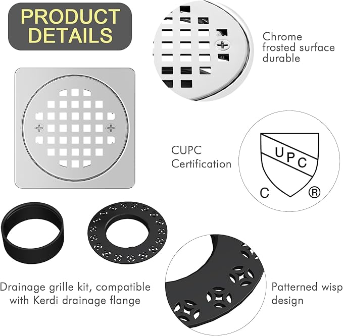 4” Shower Floor Drain Grate Kit Chrome - Compatible with Schluter Kerdi-Drain Flange - with Adjustable Collar & Removable Square Cover, SUS304 Stainless Steel & CUPC Certification