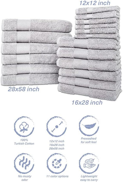 Hencely 18-Piece Bath Towel Set - High Absorbency, Quick Drying - 100% Soft Turkish Cotton - 6 Bath Towels, 6 Hand Towels, 6 Washcloths - Bathroom, Home, Hotel, Spa, and Gym - 18-Pack Silver