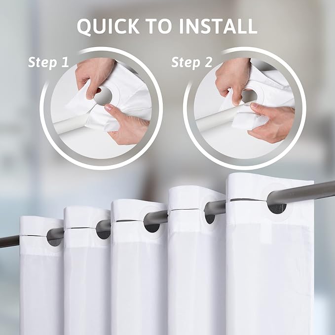 Furlinic White No Hook Small Stall Shower Curtain 48x78 Inch,Half Narrow Size Polyester Fabric Bathroom Curtains with 6 Plastic Split Grommets,Hotel Quality Waterproof Washable Bath Curtain