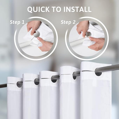 Furlinic Extra Wide No Hook Shower Curtain,96 Inch Width White Fabric Shower Curtains with 12 Plastic Built-in Hooks,Waterproof & Machine Washable Hotel Style for Bathroom,96x72 Inch
