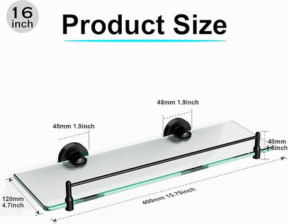 Glass Bathroom Shelves,Matte Black Floating Shelves for Wall Rectangular Modern Stainless Steel Glass Shelf for Bathroom Shelves Wall Mounted 16 Inch