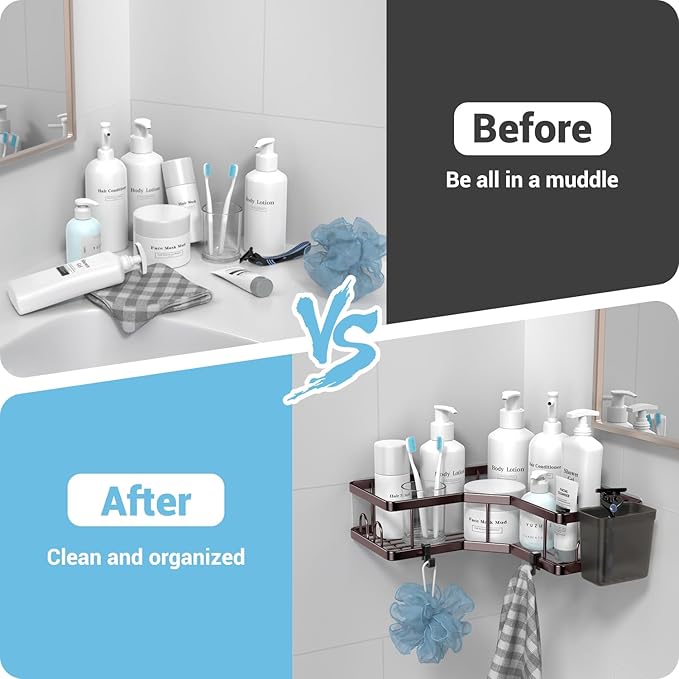 Shower Caddy Corner Organizer: 2Pack Adhesive Shower Shelf Essentials - No Drilling Stainless Steel Bathroom Storage Rack with Hooks and Toothpaste Holder - Shower Accessories