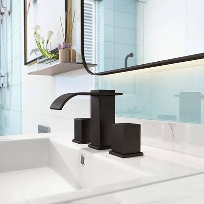 Luxury Brass 8 Inch Spread Modern Widespread Waterfall Bathroom Sink Faucets with Copper Valve for 3 Hole 2-Handle Deck Bathroom Vanity Faucet, &Stainless Steel Pop-up Drain Assembly, Matte Black