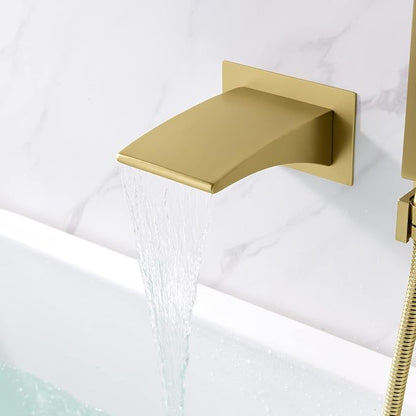 SUMERAIN Wall Mount Tub Faucet with Hand Shower, Waterfall Bathtub Faucet with Sprayer, Brushed Gold Finish, Rough-in Valve Included