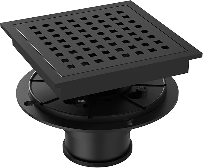 6 Inch Square Shower Floor Drain, Brushed Nickel High Flow Shower Drain Kit with Flange with Hair Filter, Removable Grate Cover, Stainless Steel, Abs Fixing Tray, CUPC Certified (Matte Black)