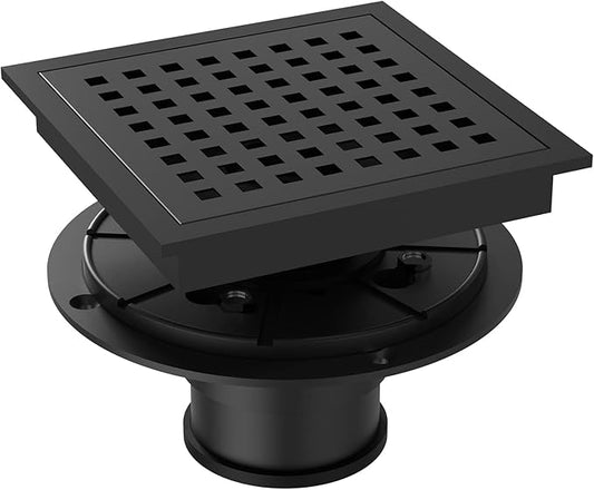 6 Inch Square Shower Floor Drain, Brushed Nickel High Flow Shower Drain Kit with Flange with Hair Filter, Removable Grate Cover, Stainless Steel, Abs Fixing Tray, CUPC Certified (Matte Black)