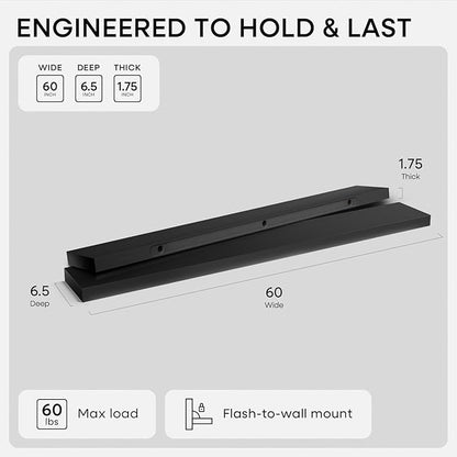 Homeforia Floating Black Shelf 60 inch, High End Solid Real Wood 60 inches Long Floating Shelves for Wall, Black Wooden 60inch Large Floating Shelves, Heavy Duty Bracket, 60 X 6.5 X 1.75 in, Set of 2