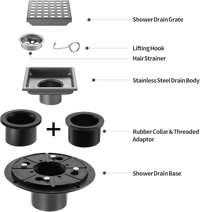 Shower Drain, Chrome 4 inch Square Shower Floor Drain with Flange, Silver Removeable Grid Panel SUS 304 Stainless Steel Square Shower Drain