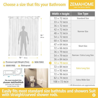 Extra Long Clear Plastic Shower Curtain Liner - Lightweight 72" x 80" Transparent Bathroom Shower Showroom Curtain Liner with Rustproof Metal Gromments and Weighted Magnet