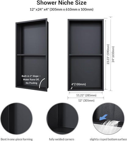 Shower Niche 12x24, Matte Black, No Tile Needed 304 Stainless Steel Recessed Wall Niche Insert with Double Shelves, Built-in Sloped Base Drainage, in-Wall Shower Storage for Bathroom Remodel