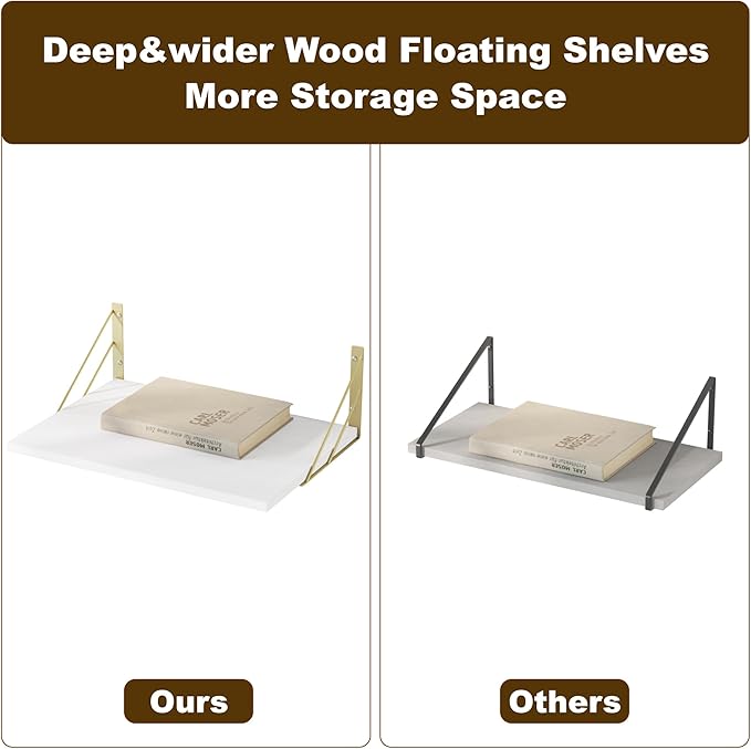 Love-KANKEI Deep Floating Shelves for Wall, 16" W x 12" D Wall Shelves Set of 2, Rustic Large Wood Hanging Shelves for Storage, Bathroom Bedroom Living Room Kitchen White and Gold