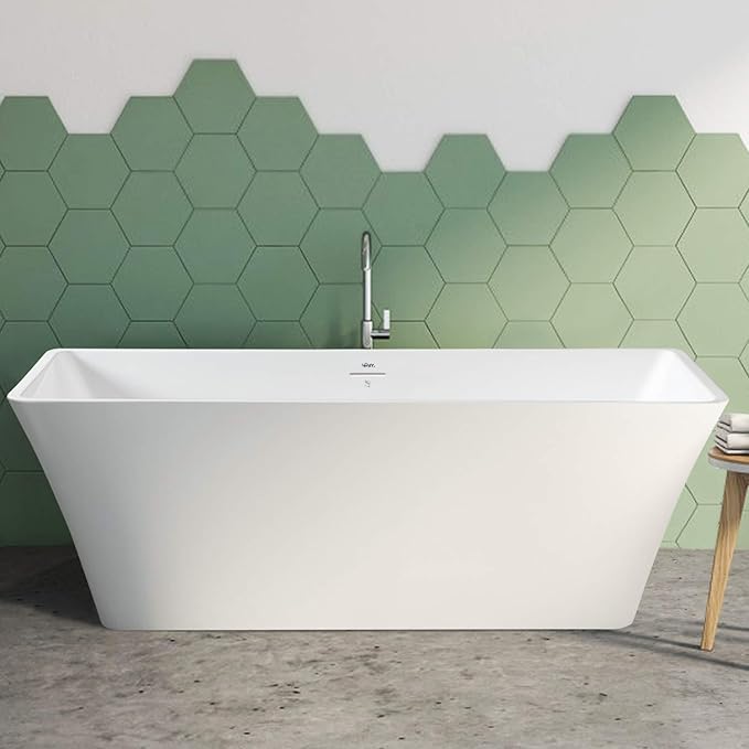 FerdY Sentosa 67" Acrylic Freestanding Bathtub, Contemporary Design Soaking Tub Easy to Install with Brushed Nickel Drain and Minimalist Linear Design Overflow, 02560