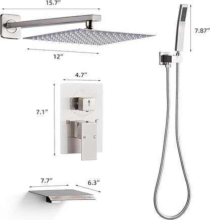 Shower Faucet Set with Tub Spout, Brushed Nickel Rainfall Shower System Complete Wall Mounted for Bathroom with 12 Inch Square Shower Head and Handheld Shower Head Rain Mixer Combo Set