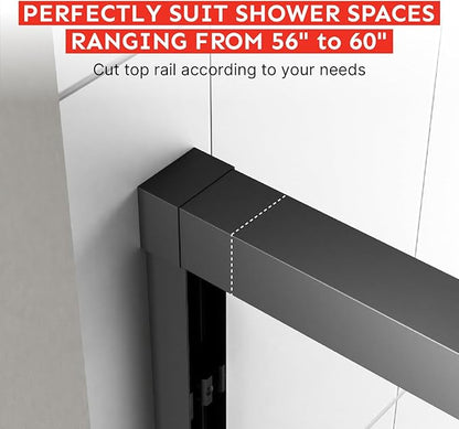 56-60" Wx76 H Semi Frameless Double Sliding Shower Door, 5/16" Tempered Glass&Shatter Proof Film Doubling Safety, Easy Clean Coating&Stainless Steel Hardware, Z-Shaped Water Protection Matte