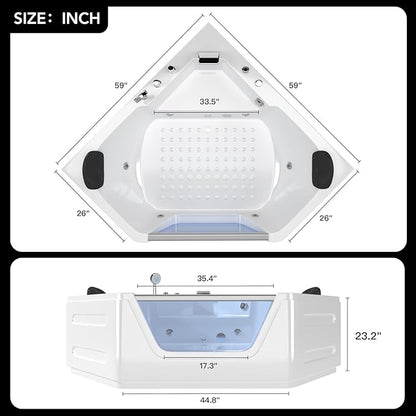 59 Inch Corner Jetted Tub - Luxury White Whirlpool Plastic Acrylic Bathtub with 7 Color Light Perfect for Couples' Relaxation and Wellness Home Spa, Ergonomical Designed Bathtub with Water Message