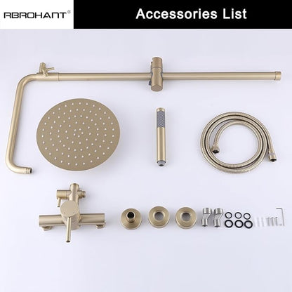 RBROHANT Outdoor Shower, Wall Mount Outdoor Shower Kit, Outside Shower Faucet with Height Adjustable Rain Shower Head and Handheld, Exposed Shower for Backyard, Wall Mounted, Brushed Gold, JK0147