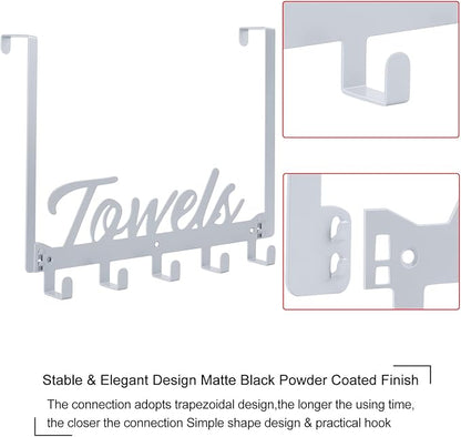 Over The Door Hooks, Towel Rack for Bathroom & Bedroom, Heavy Duty Over Door Towel Hanger with 5 Coat Hooks, Silver
