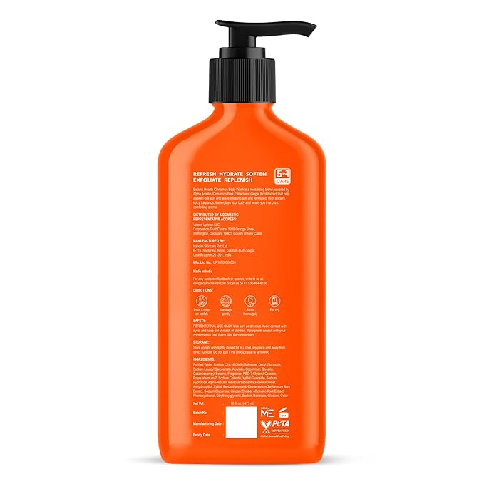 Botanic Hearth Cinnamon Body Wash – Invigorating 5-in-1 Shower Gel with Natural Cinnamon Extract, Hydrating Cleanser for All Skin Types, Sulfate & Paraben Free – 16 fl oz