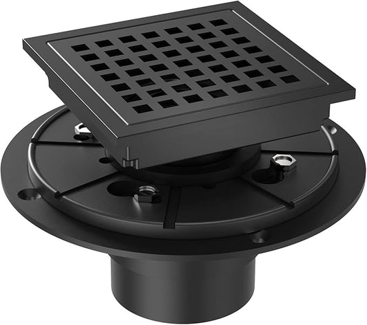 4 Inch Square Shower Floor Drain, Brushed Nickel High Flow Shower Drain Kit with Flange with Hair Filter, Removable Grate Cover, Stainless Steel, Abs Fixing Tray, CUPC Certified (Matte Black)