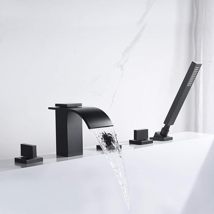 Waterfall Roman Tub Faucet Matte Black Deck Mount Bath Tub Filler with Hand Shower,High Flow,SUMERAIN