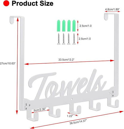 Over The Door Hooks, Towel Rack for Bathroom & Bedroom, Heavy Duty Over Door Towel Hanger with 5 Coat Hooks, White